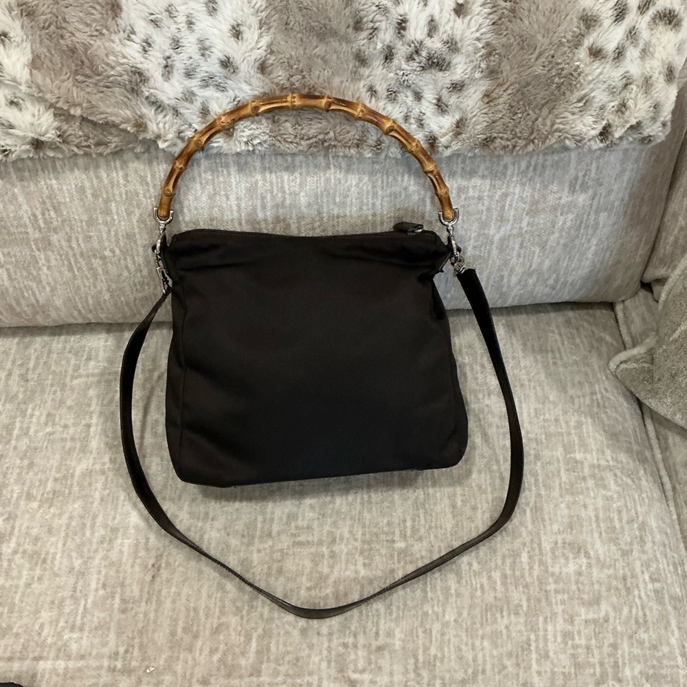 ✨💎GUCCI💎✨Dark Brown Vintage Canvas Two Way Bag with Bamboo Top Handle - Picture 10 of 13